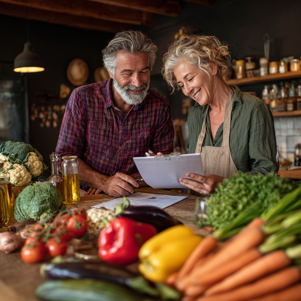 Middle-aged adults reviewing healthy meal planning charts and seasonal Ukrainian ingredients
