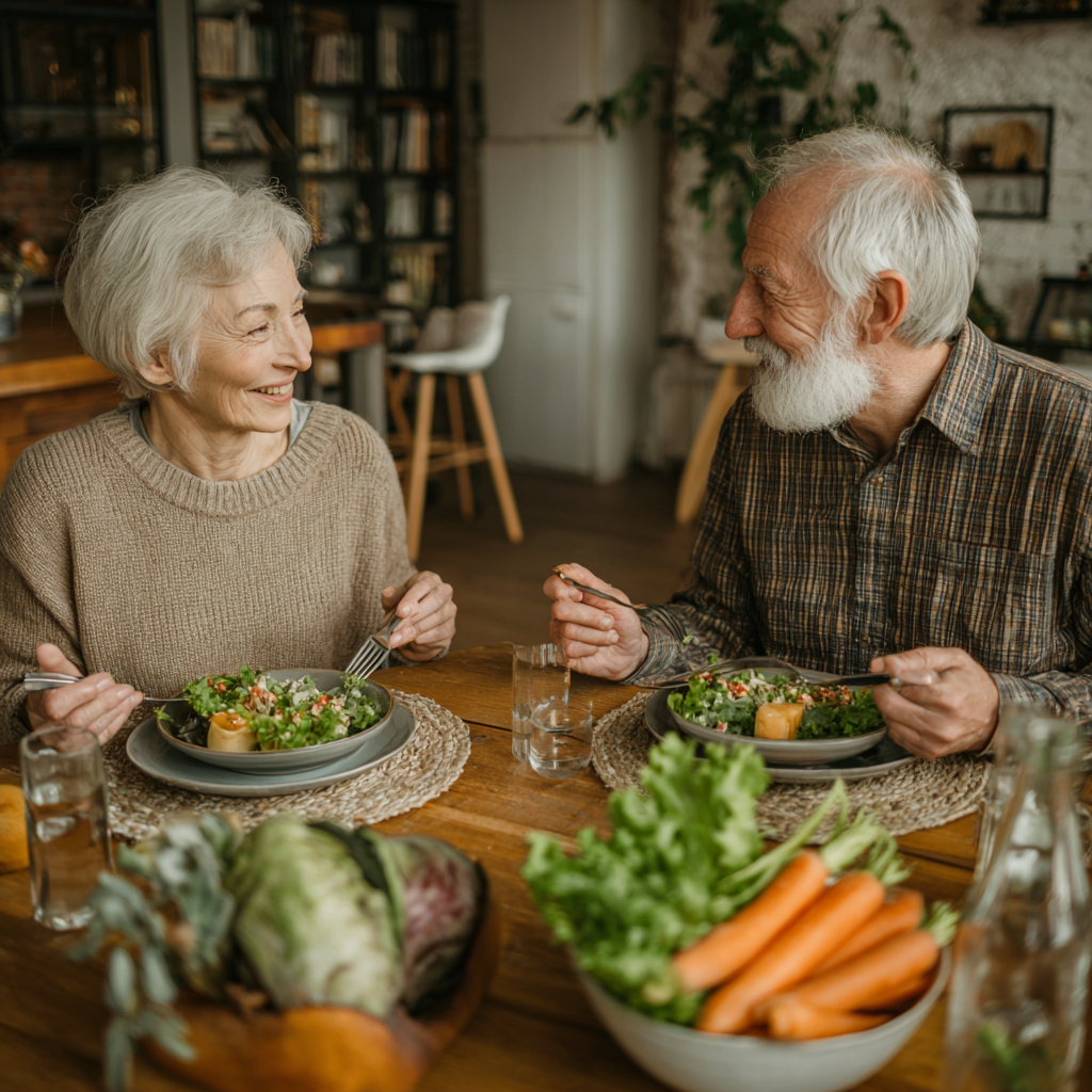 Older adults enjoying balanced meals throughout the day in comfortable home setting